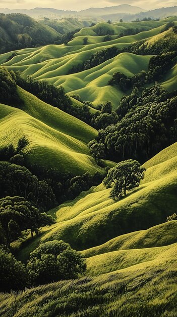 Photo lush green hills and trees create a serene picturesque landscape