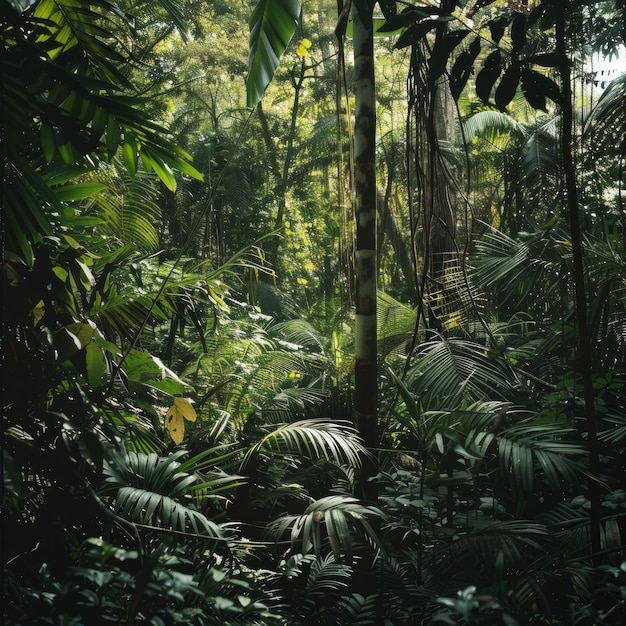 Photo a lush green jungle with tall trees and a variety of plants