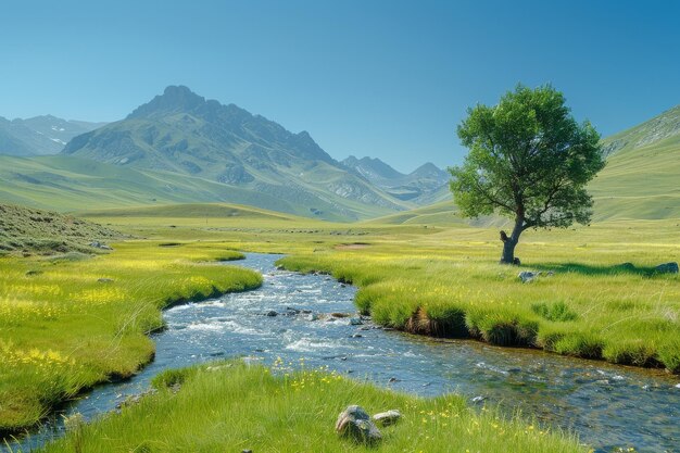 Lush green landscape with a stream and lone tree