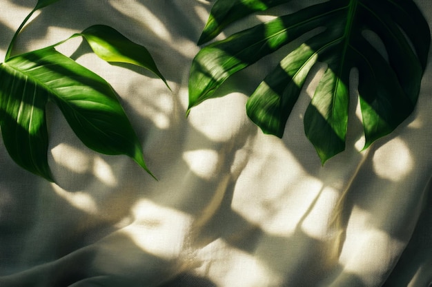 Lush Green Leaves Casting Shadows on Linen Fabric