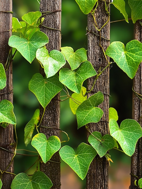 Photo lush green leaves entwine gracefully around a rustic trellis highlighting their vibrant hue and intricate texture in a serene garden ambiance