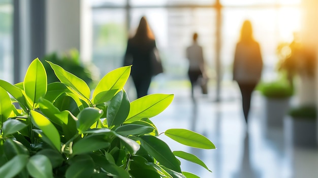 Photo lush green leaves framing a bright office space