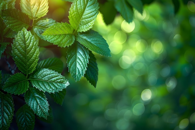 Lush Green Leaves with Sunlight Bokeh for Nature and Botanical Design