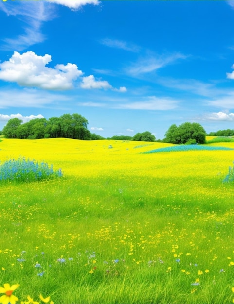 A lush green meadow filled with wildflowers and a bright blue sky