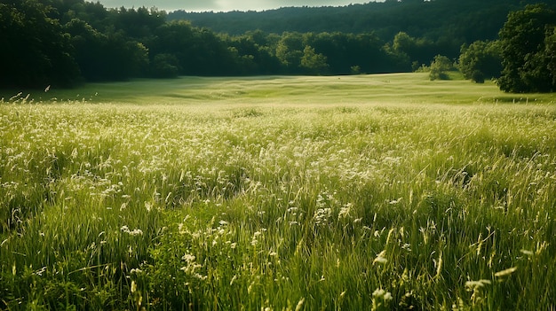 Photo lush green meadow with white wildflowers and a distant forest backdrop