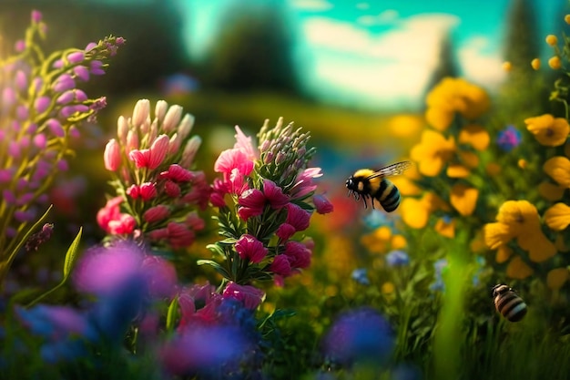 Lush green meadows hum with buzzing bees vibrant flowers paint a vivid canvas and soft breezes whisper summer secrets