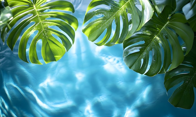 Lush Green Monstera Leaves Over Blue Water