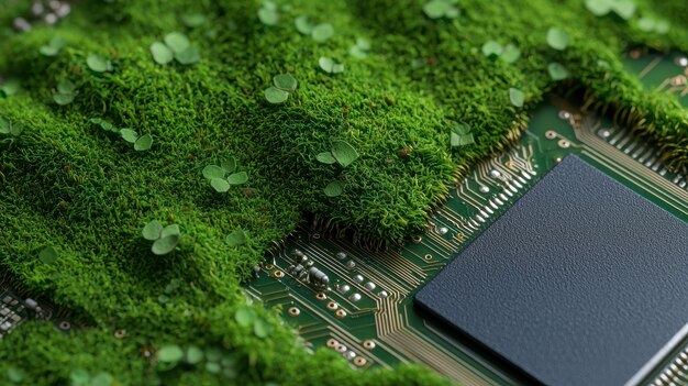 Photo lush green moss and circuit board