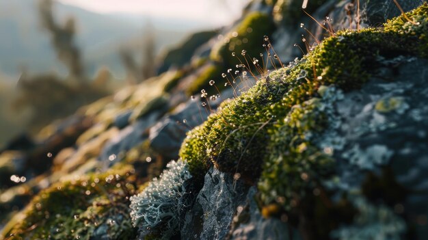 Lush green moss on rocky surface shimmering in morning light with dew drops