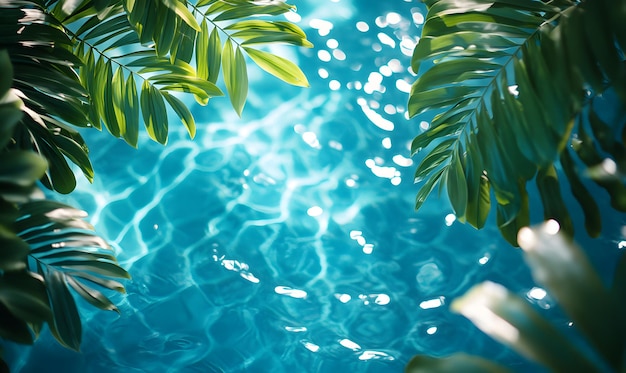 Lush Green Palm Leaves Over a Rippling Blue Pool