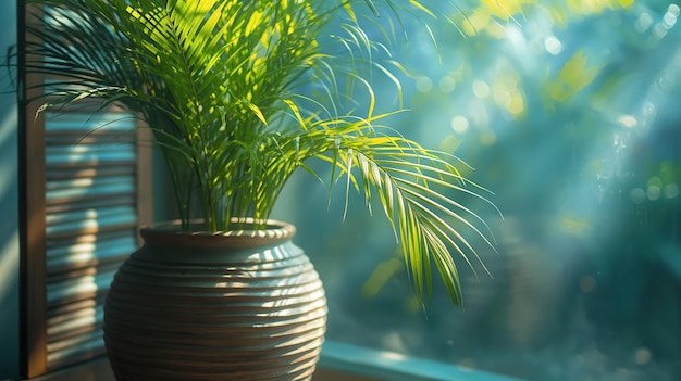 Photo lush green plant in a ceramic pot illuminated by natural light creating a serene indoor setting