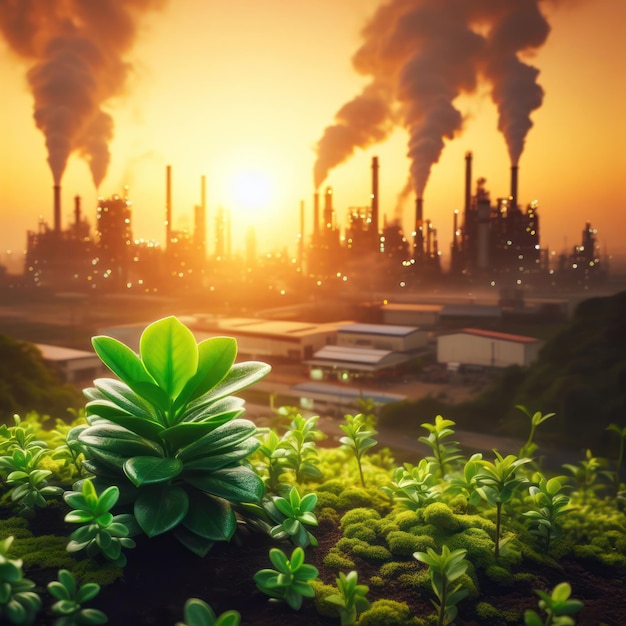 lush green plant foregrounded against a factory emitting pollution bokeh in the background