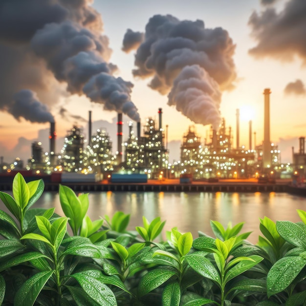 lush green plant foregrounded against a factory emitting pollution bokeh in the background