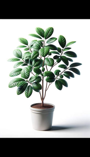 Lush green plant in a white textured pot against a clean white background