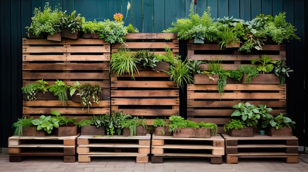 Lush Green Plants Thriving Between Wooden Pallets Rustic Garden Beauty