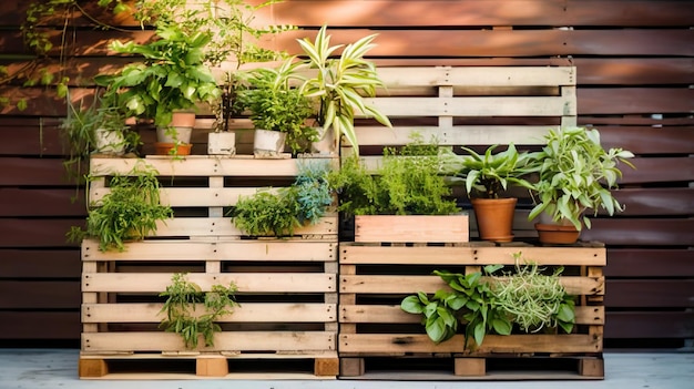 Lush Green Plants Thriving Between Wooden Pallets Rustic Garden Beauty