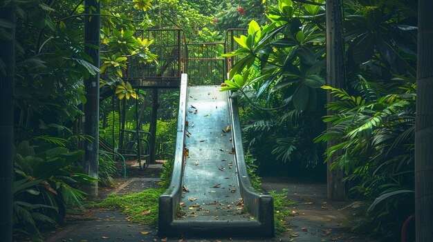 Lush Green Playground Slide in Forest Clearing