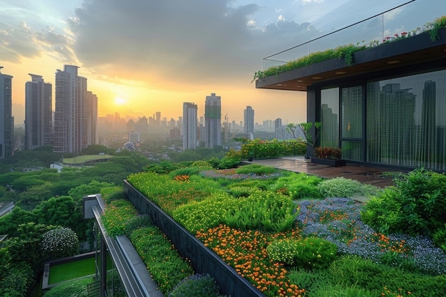 A lush green rooftop garden amidst towering skyscrapers