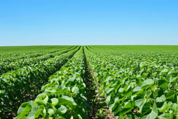 Photo a lush green soybean field under a clear blue sky with rows of healthy plants