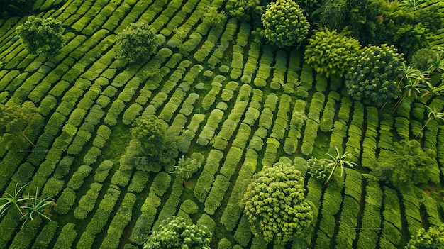 Lush Green Tea Plantation Spanning Across Picturesque Mountain Landscape with Aerial Drone View