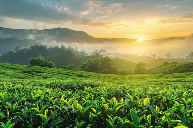 Lush Green Tea Plantation with Rows of Tea Plants in Scenic Agricultural Landscape