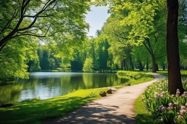 Photo lush green trees and grass surrounding a peaceful pond under the blue sky in a serene park with vibrant flowers adding a pop of color