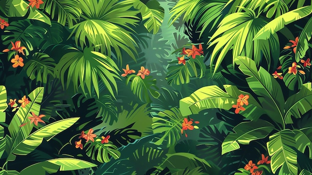 Lush green tropical foliage with bright orange flowers