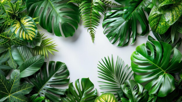 Photo lush green tropical leaves frame on white background nature botanical and foliage concept