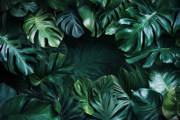 Photo lush green tropical leaves with a center empty space