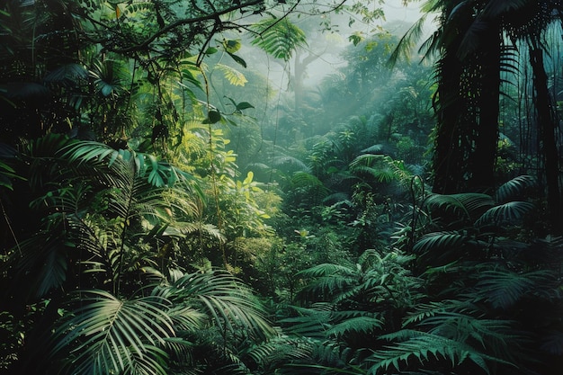 Lush green tropical rainforest with dense foliage and sunlight filtering through the canopy creating a serene and vibrant natural scene