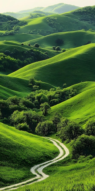 Photo lush green valley with winding river