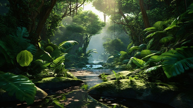 Lush green vegetation in jungle in morning sunlight