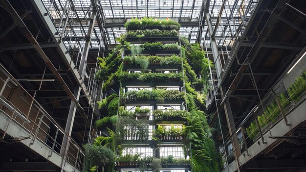 Photo a lush green vertical garden inside a tall industrial building