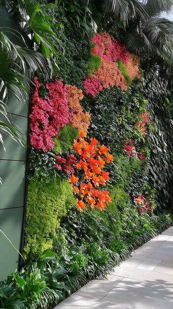 Photo lush green wall with colorful flowers in a modern garden