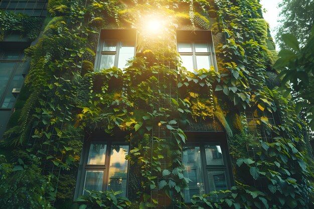 Photo lush greenery embraces urban architecture with sunlight glimmering through windows