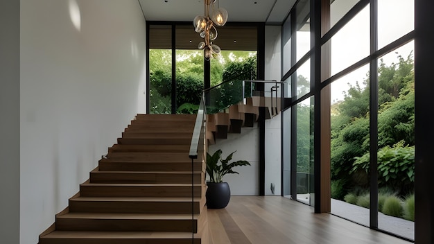 Lush greenery peeks through floortoceiling windows A minimalist staircase with a glass railing