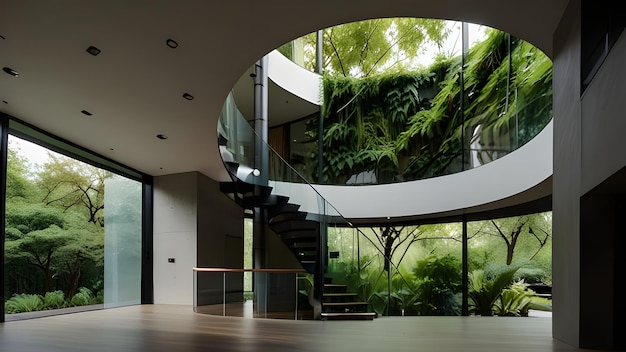 Lush greenery peeks through floortoceiling windows A minimalist staircase with a glass railing