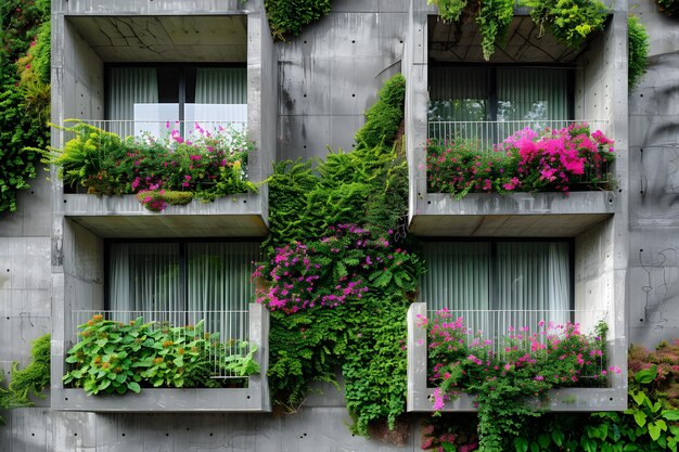 Lush Greenery and Vibrant Flowers Adorn Modern Concrete Balconies