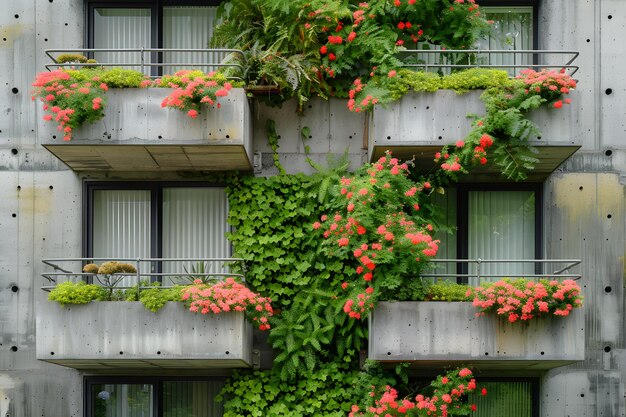 Photo lush greenery and vibrant flowers adorn modern concrete balconies