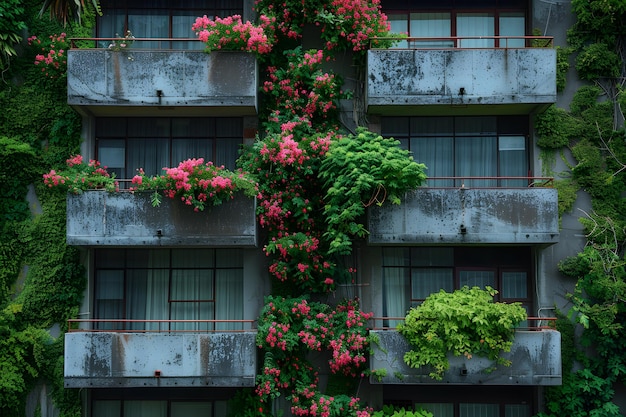 Lush Greenery and Vibrant Flowers Adorn an Urban Building Facade