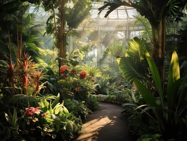 Lush Greenhouse Oasis with Tropical Plants and Sunlight