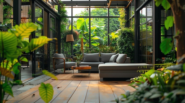 A lush indoor garden with a comfortable seating area The room is full of green plants and natural light