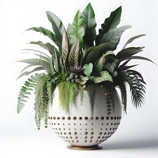 Lush indoor potted plant arrangement with a variety of foliage textures and colors in a twotone cer