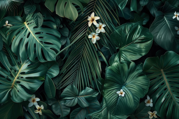 Photo lush intertwining green palm leaves with delicate white flowers in a tropical setting