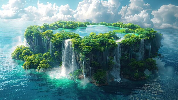 Lush Island with Waterfalls