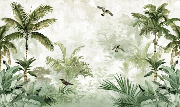 lush jungle scene with towering palm trees exotic birds flying overhead and vibrant green foliage