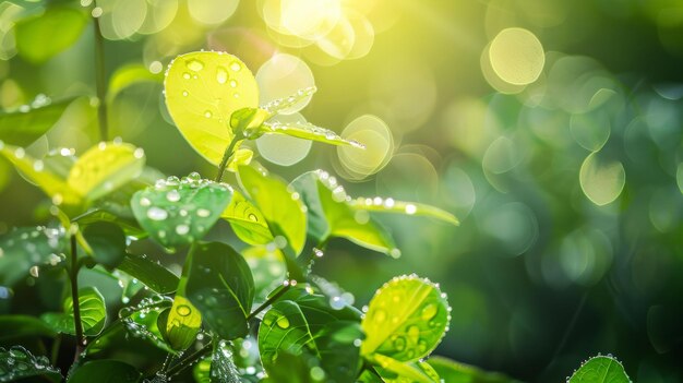 Lush leaves glistening with dew under radiant sunlight