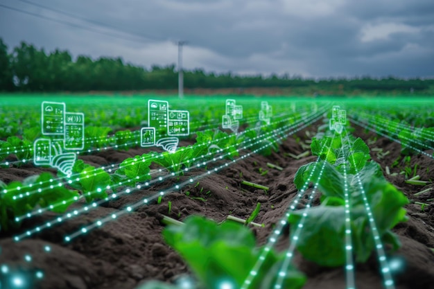 Photo lush lettuce field with virtual monitoring systems