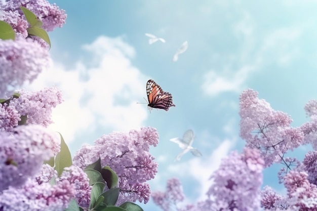 Lush lilac and a flying butterfly