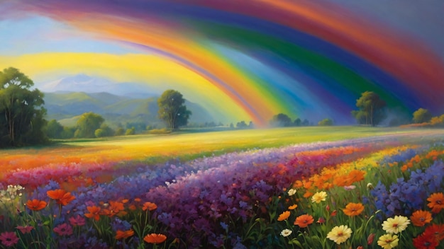 Lush meadow with vibrant rainbow landscape